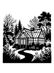 Fototapeta premium Black and white silhouette illustration of a greenhouse in a garden