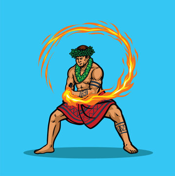 illustration of a Polynesian fire knife dancer performing with a flaming baton