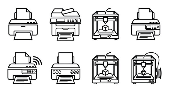 Printer Icons Set Black Line Vector Illustration On White Background