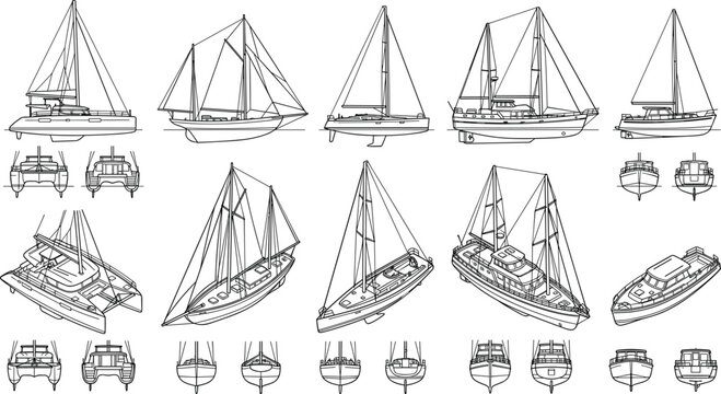 Black and white of sailboats and ships in various styles and perspectives mast