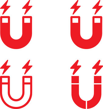 Magnet Icon Set Collection with Electric Lightning Symbol in Flat Outline and Solid Vector Style