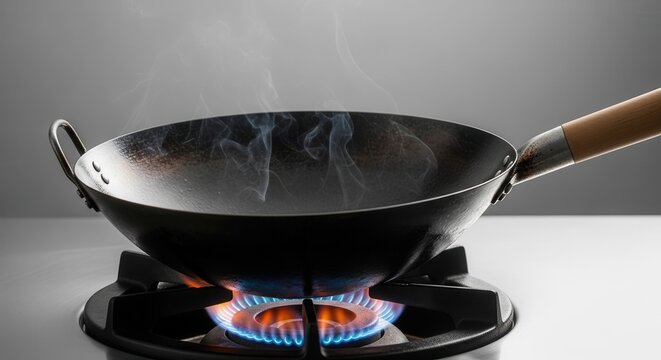 Wok pan heating up on a gas stove with blue flames and steam rising.