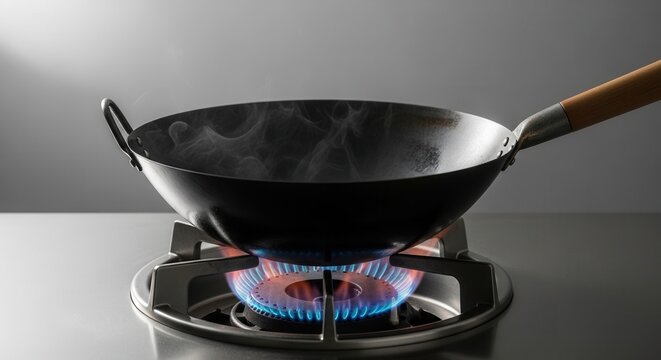 Wok pan heating up on a gas stove with blue flames.