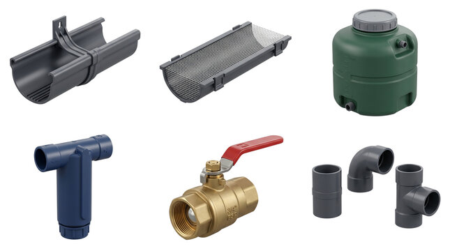 Various industrial plumbing components including plastic guttering mesh filters water storage tanks and brass ball valves