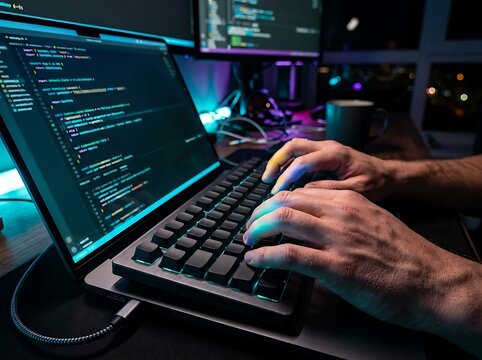 Hands typing on a keyboard in a dimly lit room with multiple computer monitors displaying lines of code, symbolizing programming and software development
