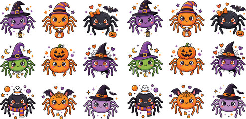 Obraz premium Cute cartoon spiders collection for halloween decor with halloween illustration character creature decoration collection colorful celebration