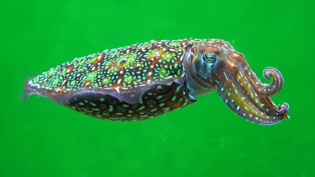 Majestic cuttlefish swimming gracefully across a bright green screen background while changing its skin patterns and moving tentacles