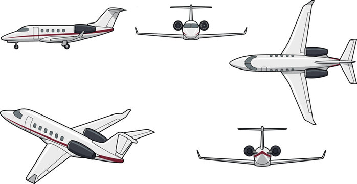 Isometric of four different types of airplanes in flight aircraft propeller plane biplane