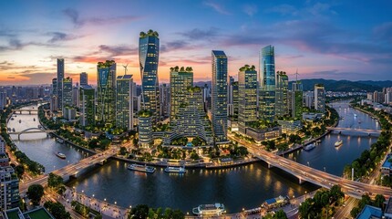 Obraz premium Panoramic View of a Modern City Skyline at Dusk with Illuminated Skyscrapers and Rivers.
