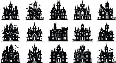Fototapeta premium Set of fifteen black silhouettes of spooky haunted houses for your creative halloween party design projects