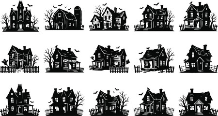 Fototapeta premium Set of black silhouette haunted house illustrations for halloween design projects and spooky holiday themed graphic decorations