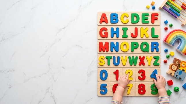 Toddler hands exploring wooden alphabet strip boards A-Z and number 0-9 on a white marble surface with abacus, rainbow toy, and animal figurines nearby.