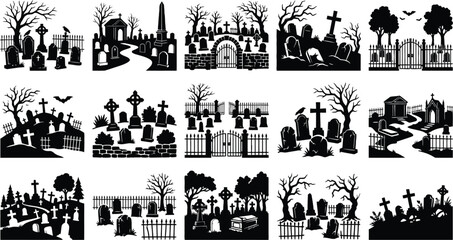 Obraz premium Collection of black silhouette graveyard icons for halloween design projects featuring spooky tombstones and eerie cemetery landscape elements