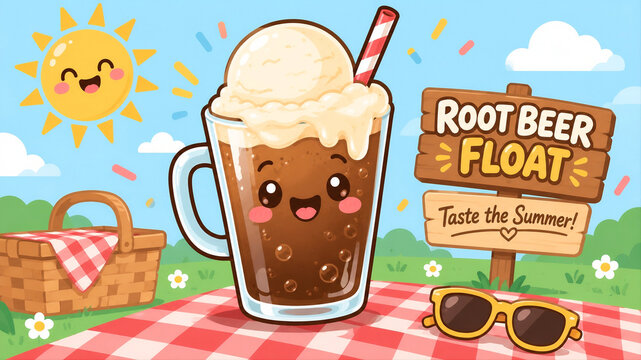 Cute Kawaii Root Beer Float with Ice Cream - National Root Beer Float Day Summer Picnic Illustration