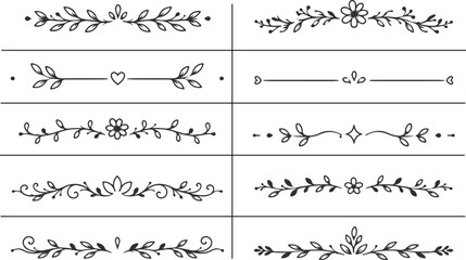 Fototapeta premium Hand-drawn line doodle style floral ornament line border set. Floral divider elements with flower and vine leaf ornaments and vintage flourish text border frame decoration. Vector.eps