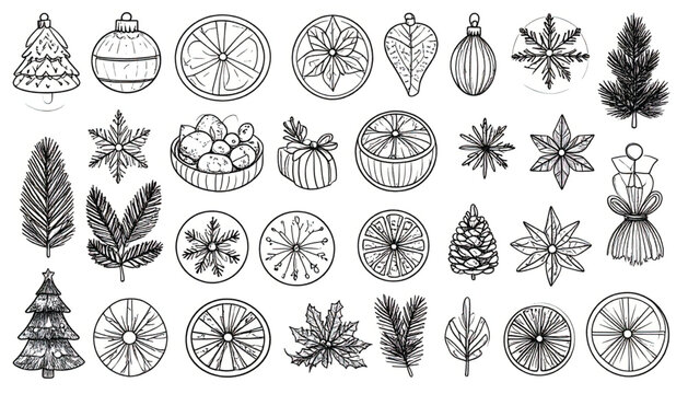 Black and white line art illustrations of pine branches, Christmas tree, and snowflake on white background