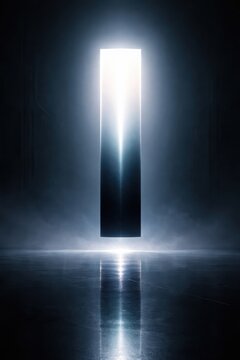 Mysterious alien monolith levitating over reflective dark floor surrounded by soft volumetric haze