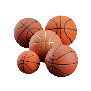 Group of five basketballs of assorted sizes and styles, including one with gold lines.