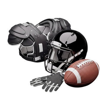Realistic 3D render of American football protective gear: helmet, shoulder pads, ball, and gloves.