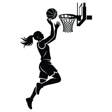 Black silhouette of a female basketball player jumping high to throw the ball into the hoop. Vector Illustration.
