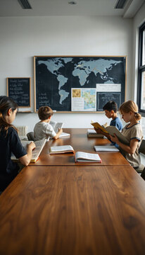 Four students studying at a long table in a classroom with map  
