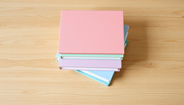 Stack of colorful notebooks on wooden surface in minimalist style  