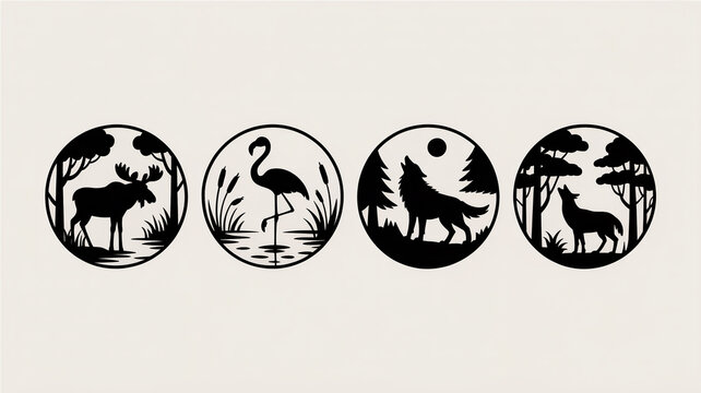 Four circular illustrations of animals in black and white with line art high contrast graphic design illustration wildlife silhouette ornament