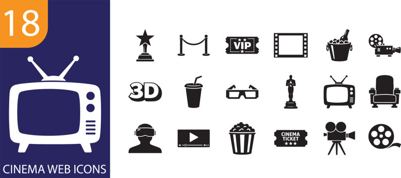 Cinema web icons vector set for movies, film, theater, tickets, entertainment, streaming, and media.
