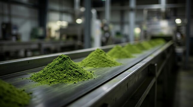 Matcha powder piles moving on an industrial conveyor belt. Represents organic production and food manufacturing.
