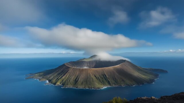 Panoramic view of a majestic volcanic island surrounded by deep blue ocean with a white cloud hovering over the caldera crater