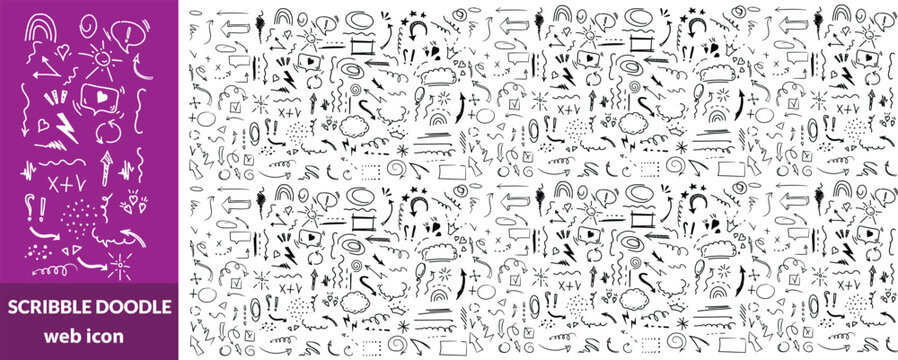 Chalk scribble doodle marks collection, High level of detail. Hand-drawn chalk scribble vector set with arrows, circles, frames, lines, symbols, and rough sketch marks. Vector crayola elements set