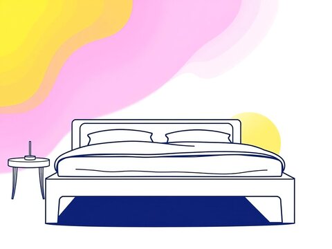Minimal line art king size bed frame vector illustration on white background, interior decor inspiration, neutral colors