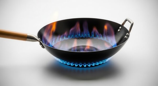 Wok pan with flames on a gas stove, professional cooking equipment in action.
