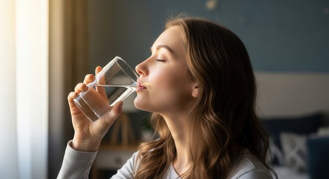 Young Woman Enjoying a Refreshing Glass of Water Indoors.