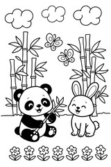 Cute panda and rabbit in bamboo forest coloring page for kids © Pani K.