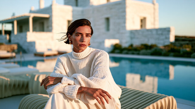 Elegant woman in cream knit sweater sitting poolside at luxury white stone villa, calm thoughtful gaze in sophisticated resort fashion editorial with warm golden light.