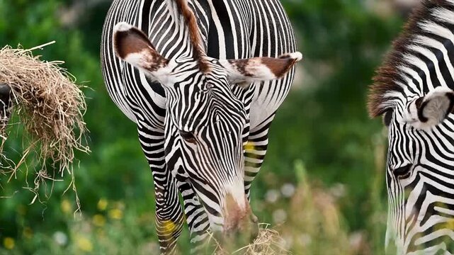 Two zebras (Equus) graze side by side in tall summer grass at a safari park in the Netherlands, their striped heads lowered as they feed in soft daylight.