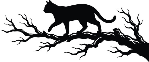 A black silhouette of a cat walking along a bare tree branch isolated on a white background for design and creative projects