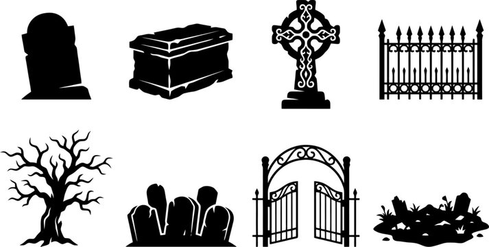 Graveyard Elements Silhouette Set On White Background tombstone headstone coffin