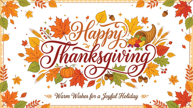 Happy thanksgiving day banner festive fall harvest with cornucopia autumn leaves