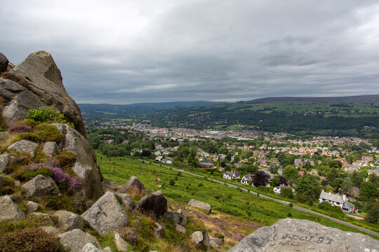 A view of the Yorkshire town of Ilkley in Wharfdale from the Cow and Calf Rocks, West Yorkshire, England