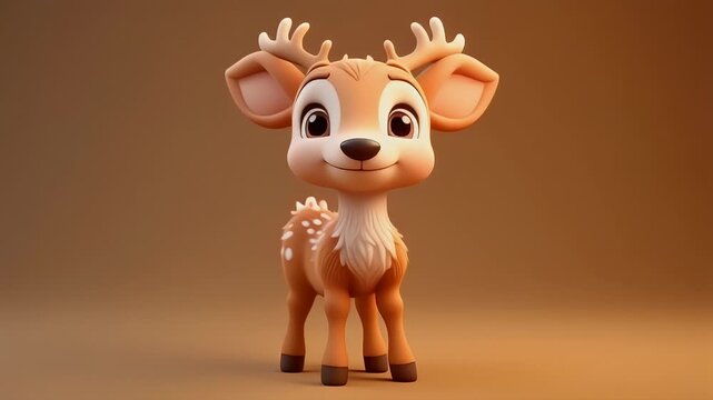 Adorable cartoon fawn with large eyes and small antlers standing on a neutral brown background, perfect for children's media and nature themes
