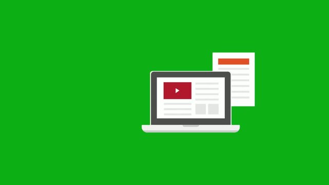 Laptop with document work icon on green screen chromakey background 2d animated cartoon animation perfect for professional video editing chroma key compositing and stock footage production globally