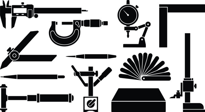 Precision Measuring Tools Silhouette Vector Icon Set for Engineering and Machine Workshop