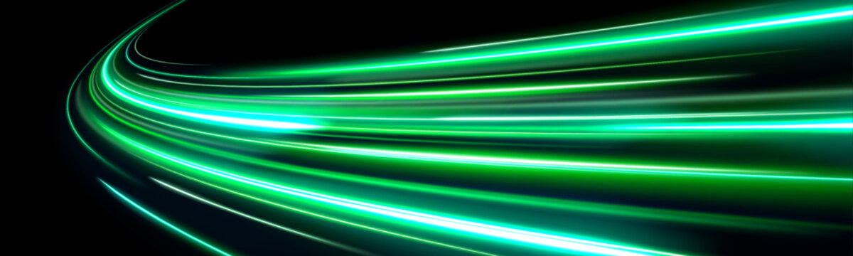 Abstract neon waves flow across a dark background. Smooth glowing curves create a futuristic motion effect. Vector set for modern designs.