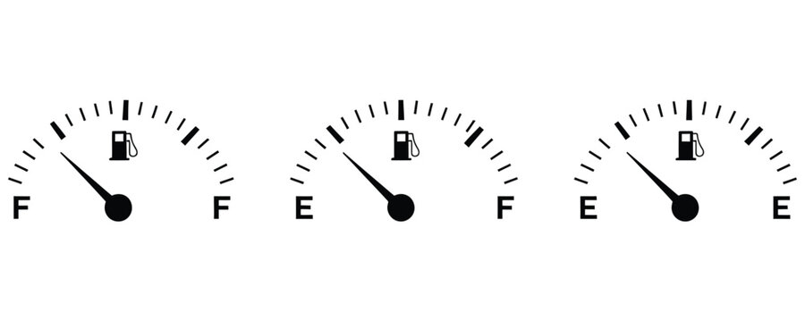 Car fuel gauge and gas meter line icons set vector illustration of empty to full fuel level dashboard indicator outline symbols