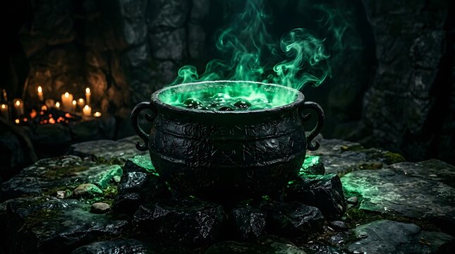 Happy halloween with a new colorful concept featuring a magical bubbling witch cauldron with glowing green potion smoke