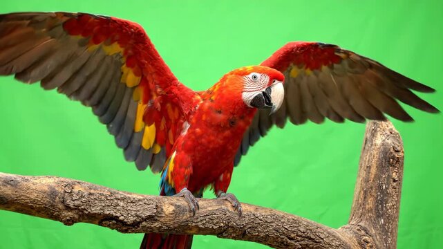 Majestic scarlet macaw parrot perched on a branch flapping its wings against a bright green screen background