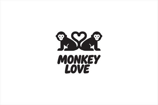 Cute monkey love logo design featuring two symmetrical monkeys forming a heart shape with their tails. Minimal black silhouette icon for branding, mascot, and creative identity. Vector illustration.