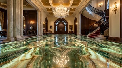 Obraz premium Elegant Palace Entrance Foyer Featuring Reflective Emerald Marble Flooring, Grand Spiral Staircase, and Classic Architecture